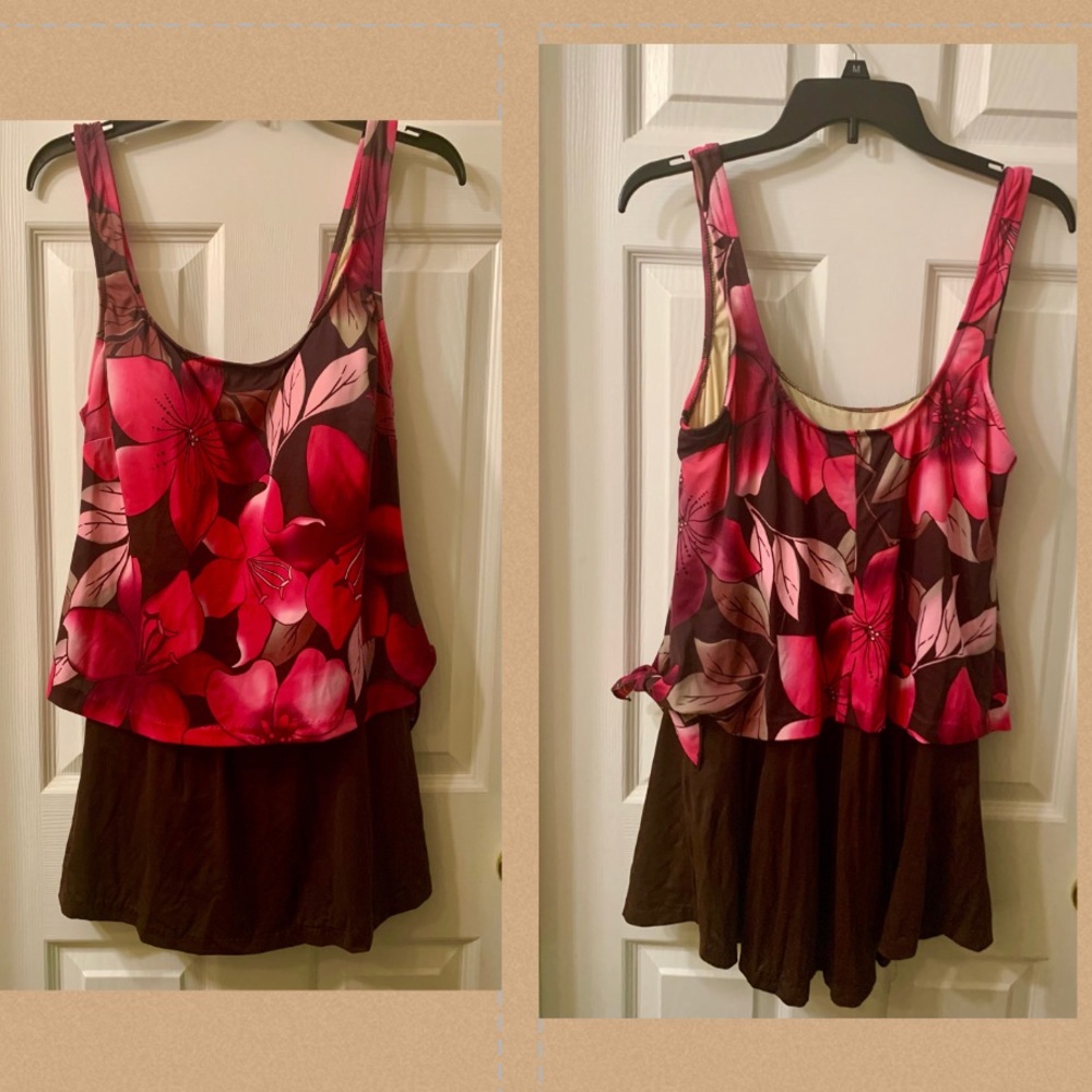 Tropical Escape Pink & Brown Skirted Swimsuit